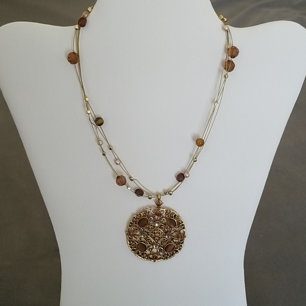 Brown and Gold Filigree Wire Necklace